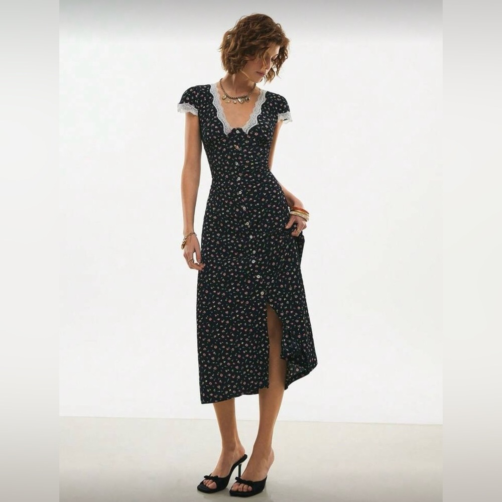 Floral Lace-Trim Cap Sleeve Button Down Vintage Style Dress - Picture 9 of 16